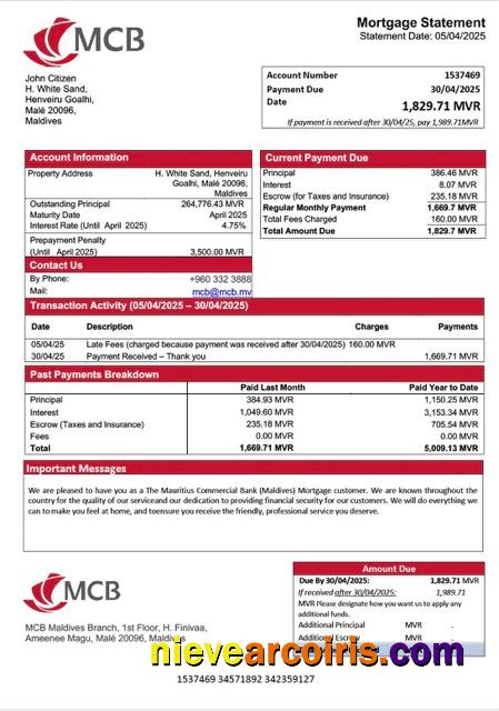 Maldives The Mauritius Commercial Bank (Maldives) mortgage statement Word and PDF template